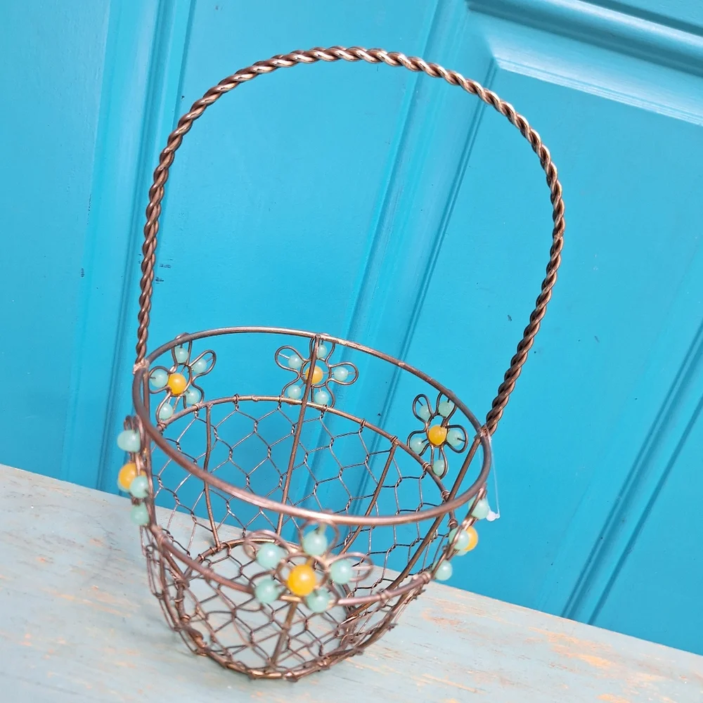 Beaded Easter Basket Silver Metal Woven Steel Aluminum Container w Handle Silver